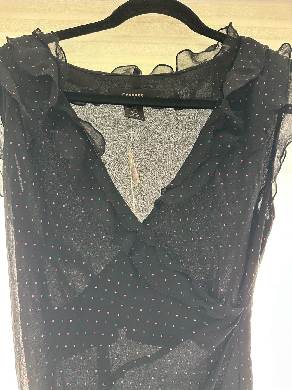 Express Black Sheer Polka Dot Ruffle Wrap dress